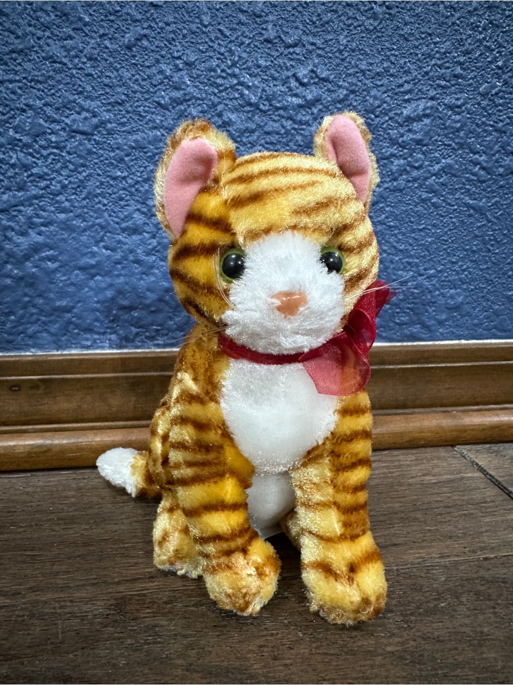 Vintage Walmart Orange Tabby Cat Plush Stuffed Animal with Red Bow 7”